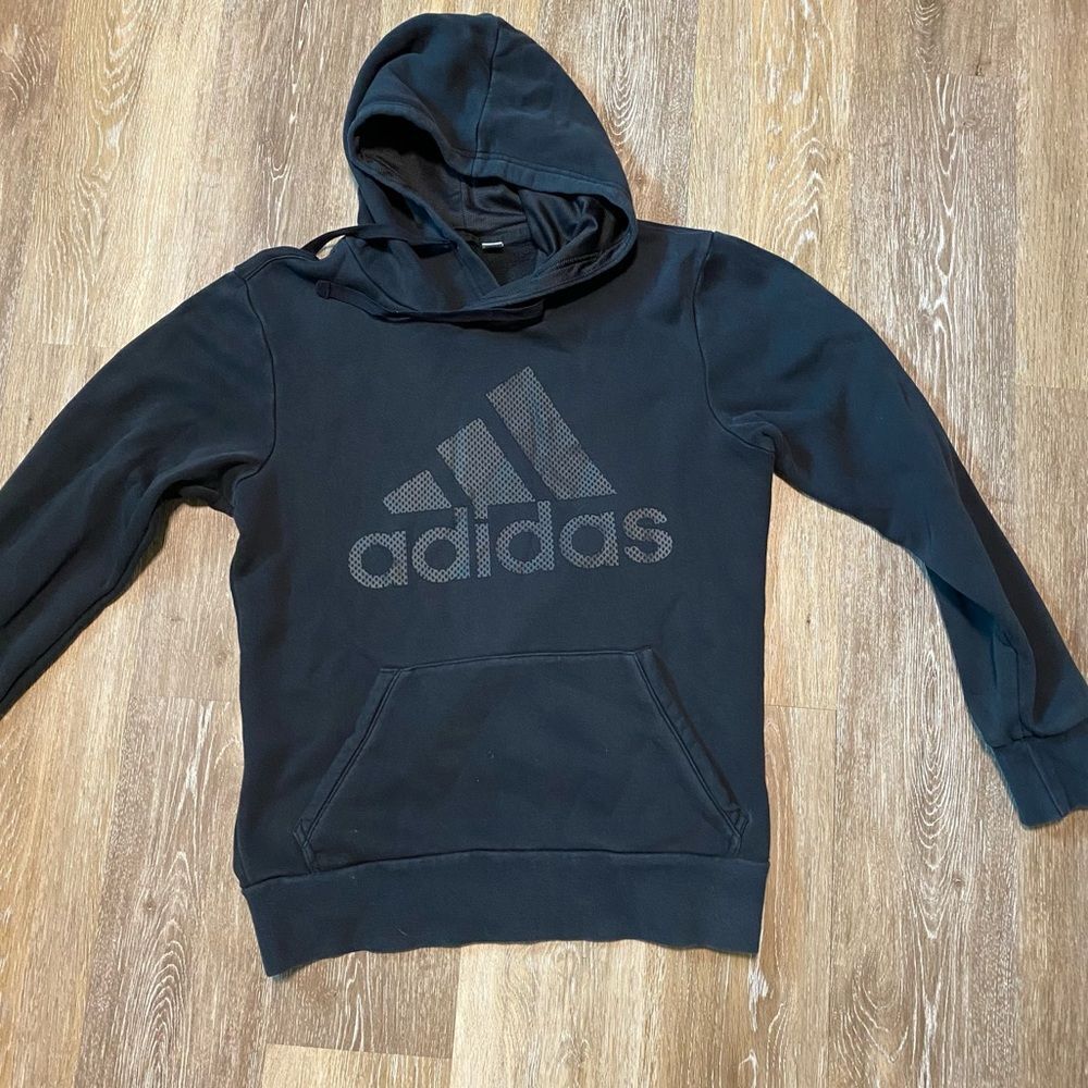 Adidas Hoodie pull over black large logo fleece lined unisex M/L